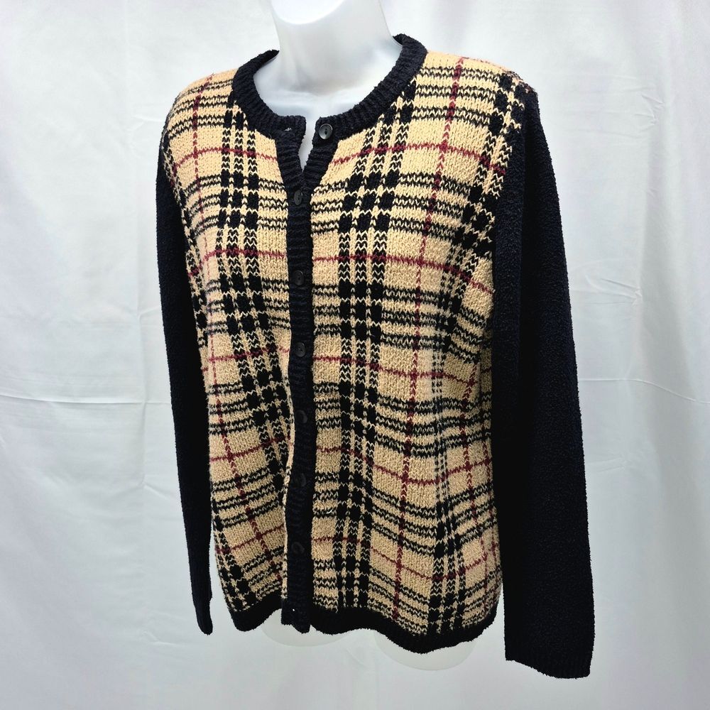 Vintage 90s Liz Claiborne Plaid Knit Button Front Cardigan Old Money Medium